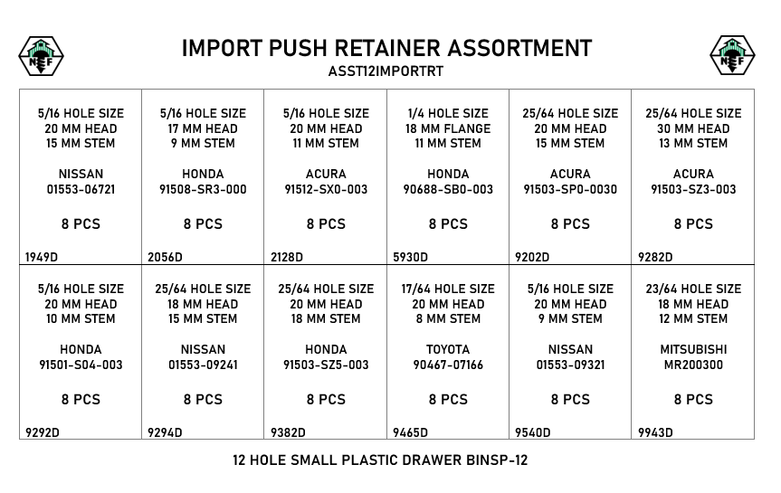 12-Hole Import Push Retainer Assortment / Toyota, Honda, Acura, Nissan / Small Plastic Drawer