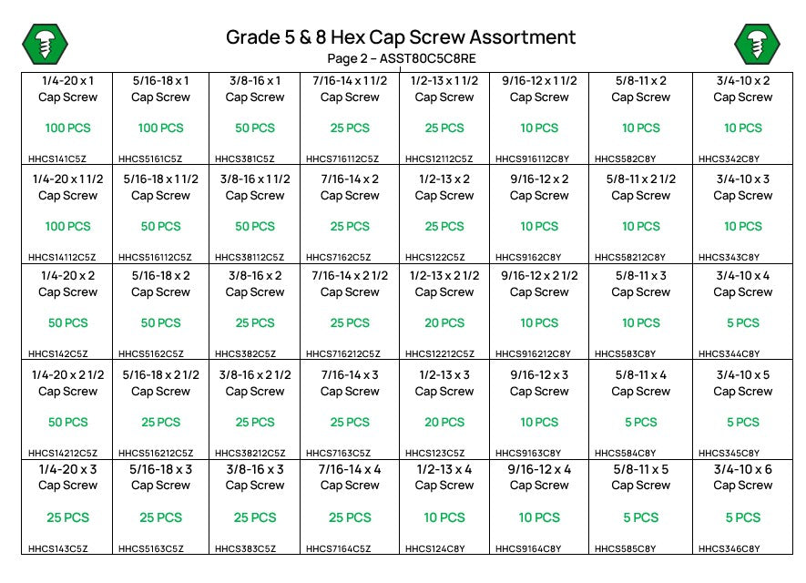 80-Hole Hex Head Cap Screw Assortment Grade 5 & Grade 8 Refill (No Bin Included)