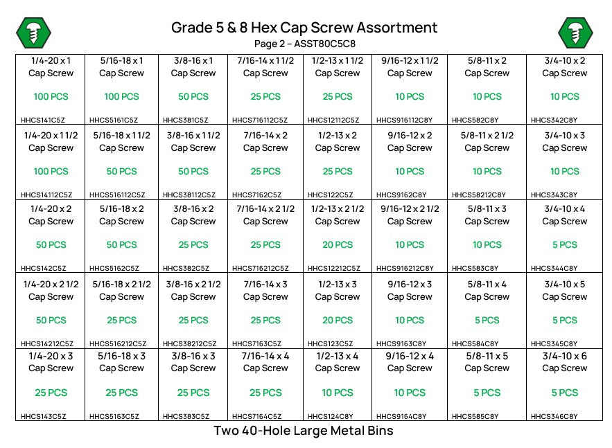 80 Hole Hex Head Cap Screw Assortment Grade 5 & Grade 8 (2 Metal Bins Included)