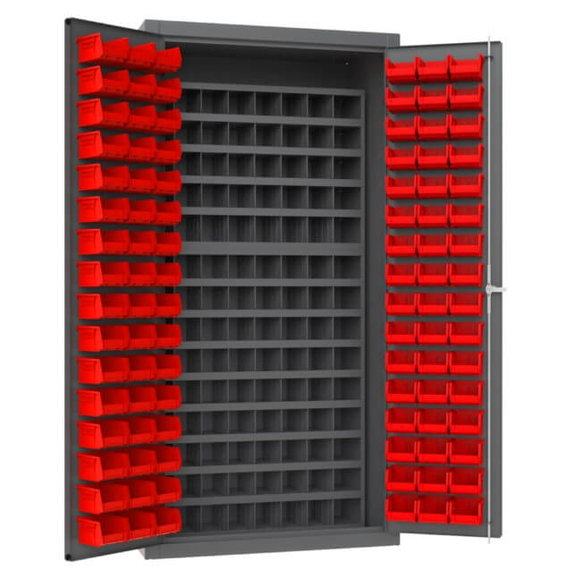 Cabinet, 96 Red Bins, 112 Steel Bins