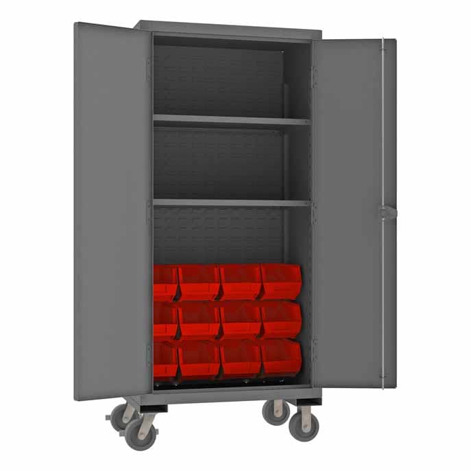 Mobile Cabinet, 2 Shelves, 12 Red Bins