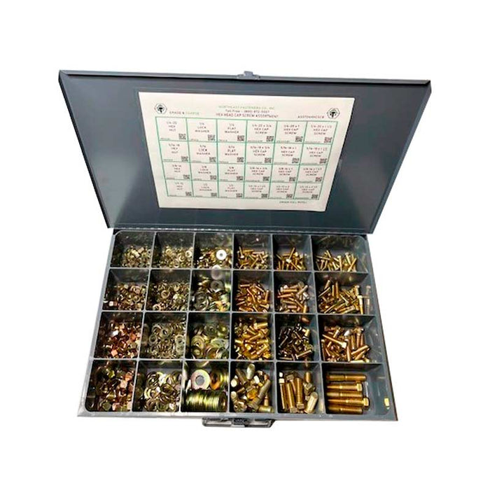 24-Hole Bolt Assortment / Hex Head Cap Screws, Nuts, Washers 1/4-1/2" / Grade 8 / Coarse Thread / 1,020 Pieces / Large Metal Drawer