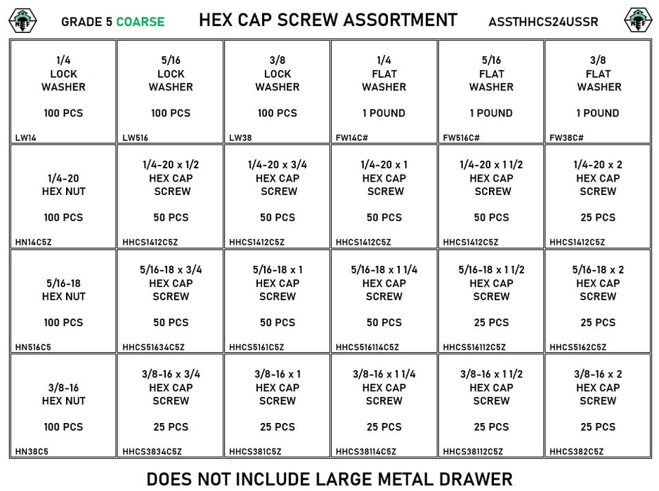 1,452 Piece Grade 5 UNC Hex Head Cap Screw, Nut, and Washer Assortment Refill