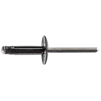 GM Pop Rivet Split Type Rivet Diameter : 3/16" Grip Range : 3/64-23/64" Flange Diameter : 5/8" Black Aluminum