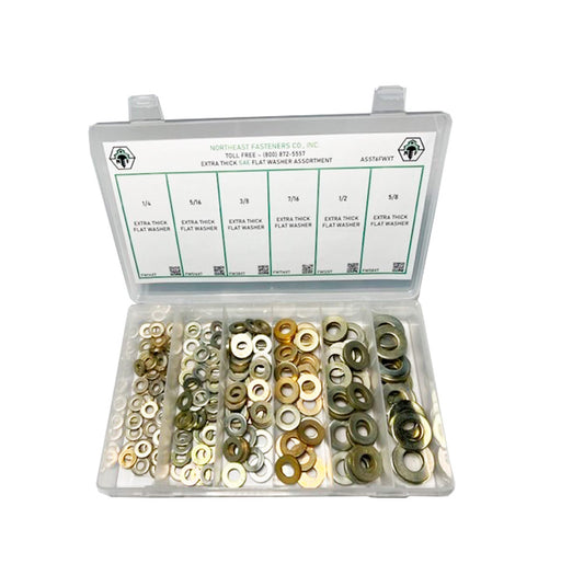 6-Hole Extra Thick SAE Flat Washer Assortment, Thru-Hardened, 180 Pieces, Small Plastic Drawer