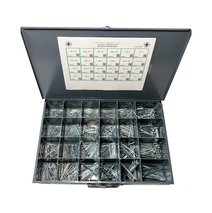 24-Hole Cotter Pin Assortment, Zinc Plated, 980 Pieces, Large Metal Drawer