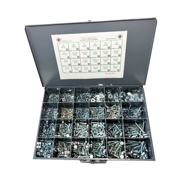 24-Hole Hex Head Cap Screw Assortment, Grade 5, Coarse, 1,350+ Pieces, Drawer Not Included