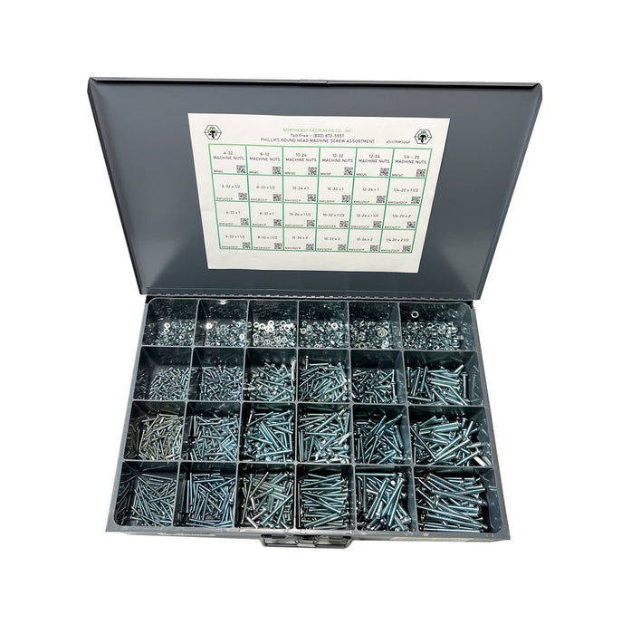 24-Hole Phillips Round Machine Screw & Nut Assortment, 1900 Pieces, Large Metal Drawer